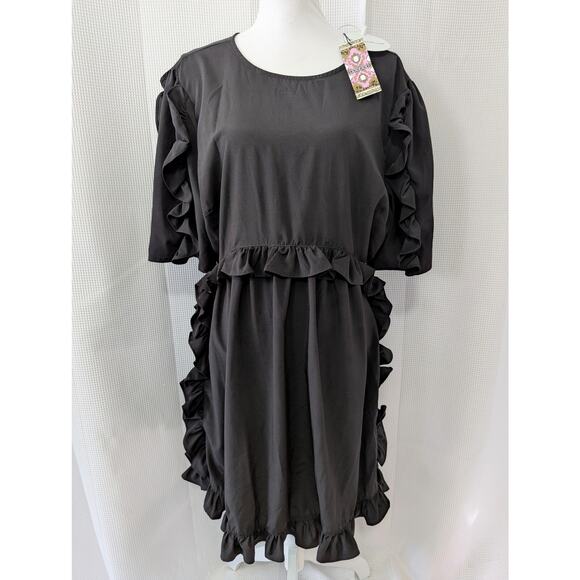 NWT! BOO HOO! EXTREME RUFFLE BLACK MIDI LENGTH SMOCK STYLE DRESS! SZ 14 - Picture 2 of 9